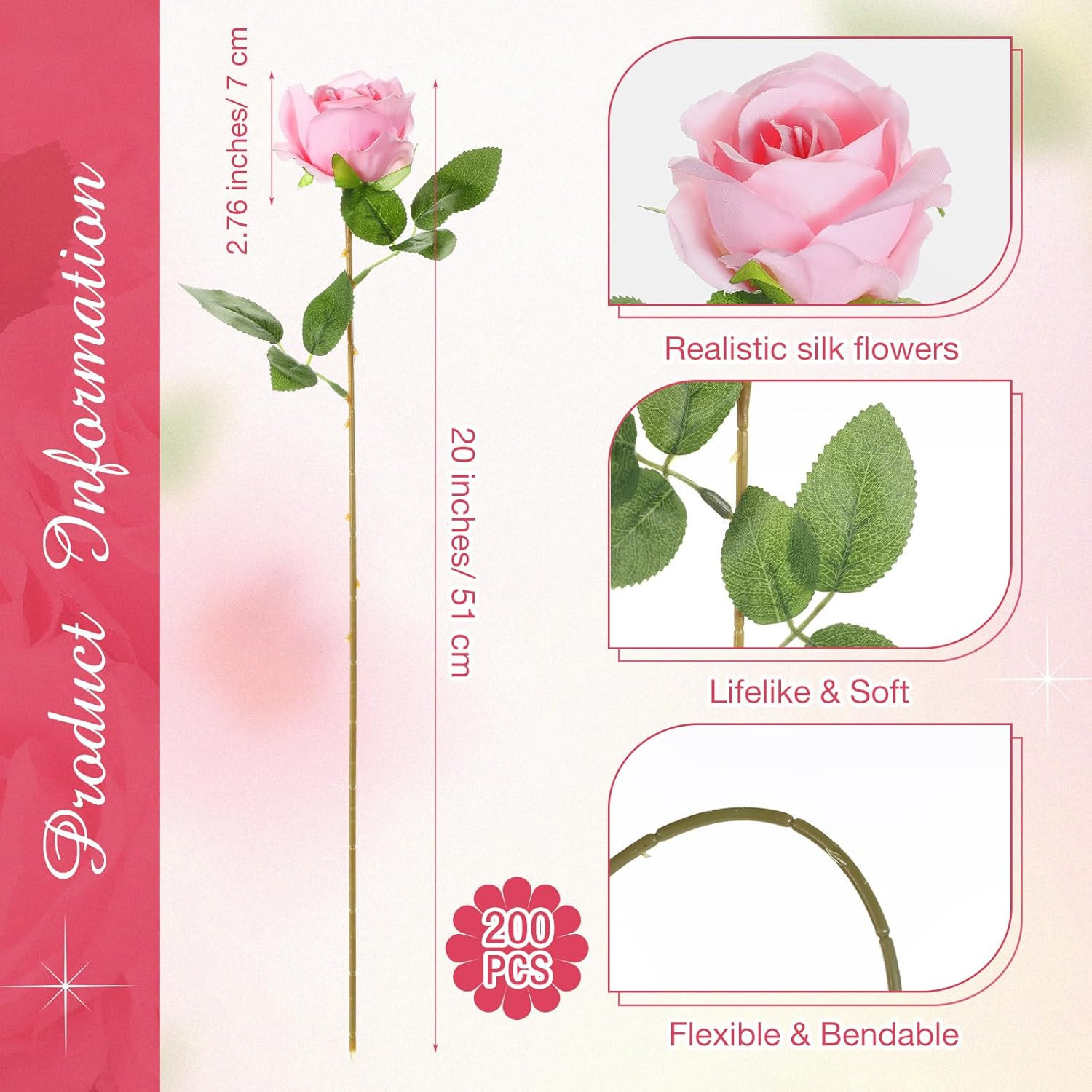 200 Pcs Realistic Pink Silk Roses for Weddings & Home Decor