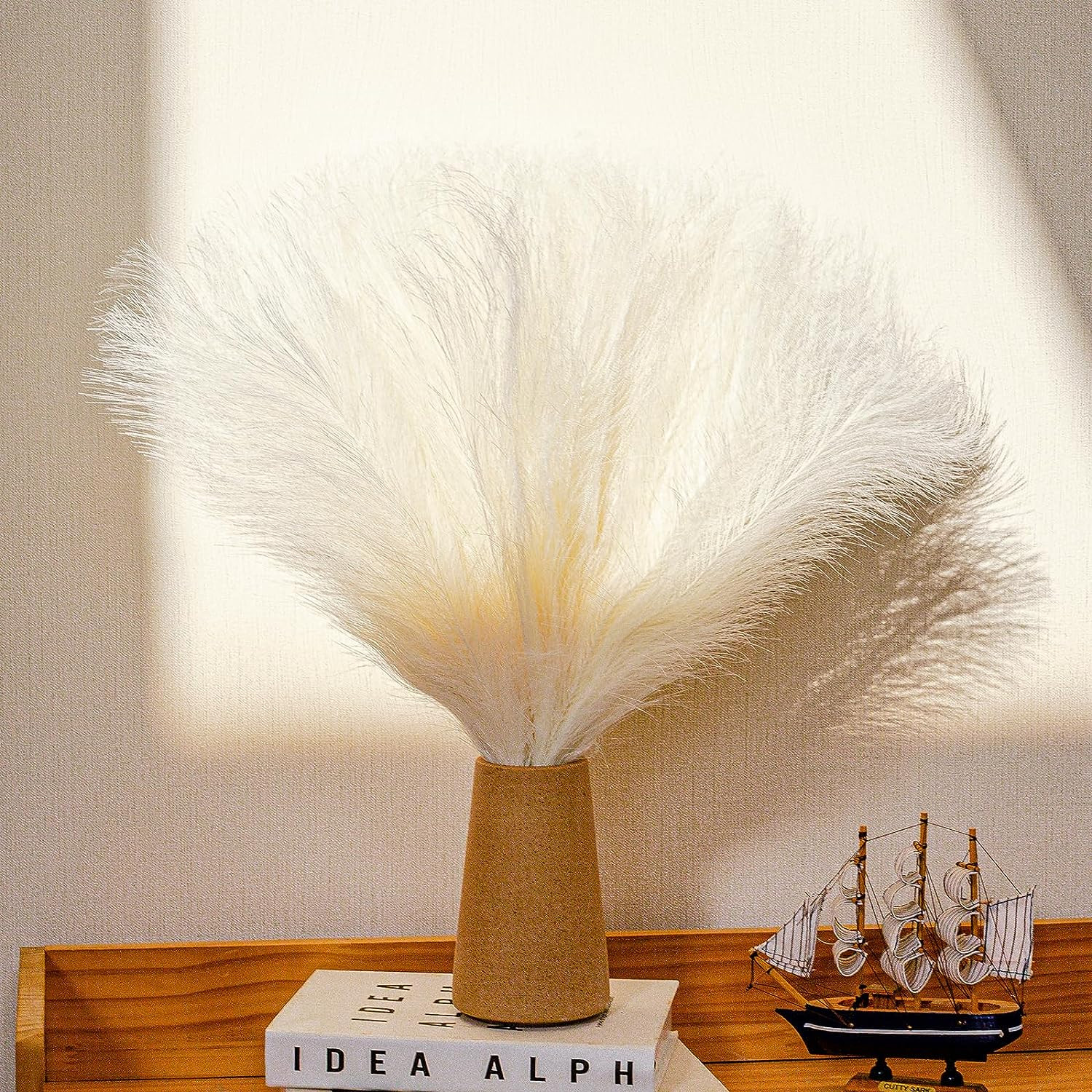 10 Stems White Pampas Grass Fluffy – 17.7″ Faux Pampas Grass Decor Small Pampas