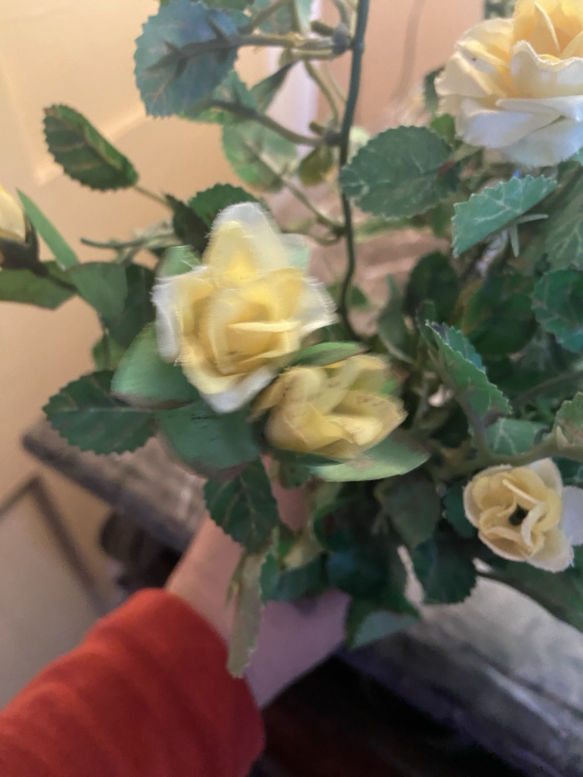 Vintage 1980s Artificial Yellow Rose And Leaf Stems