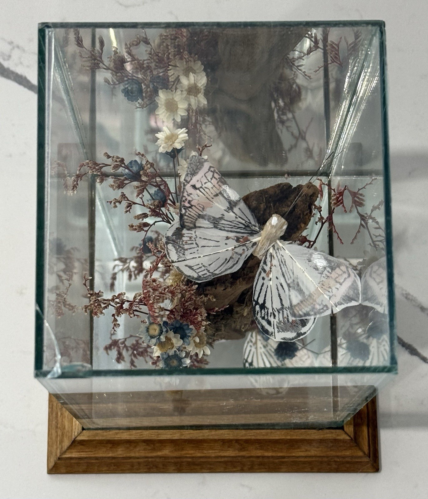 Glass Display Terrarium Butterfly (Faux) Dried Florals Wood Base CottageCore