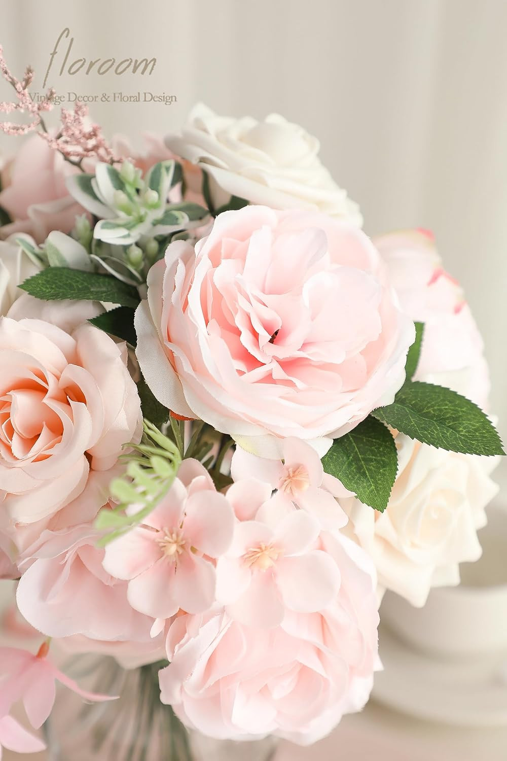 Cream Blush Artificial Flowers Fake Roses Peonies and Greenery Combo Box Set for