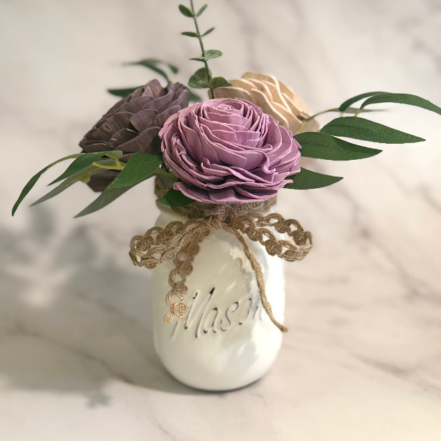 Sola Wood Flower Centerpiece Purple Ivory Rose Mason Jar Arrangement Home Decor