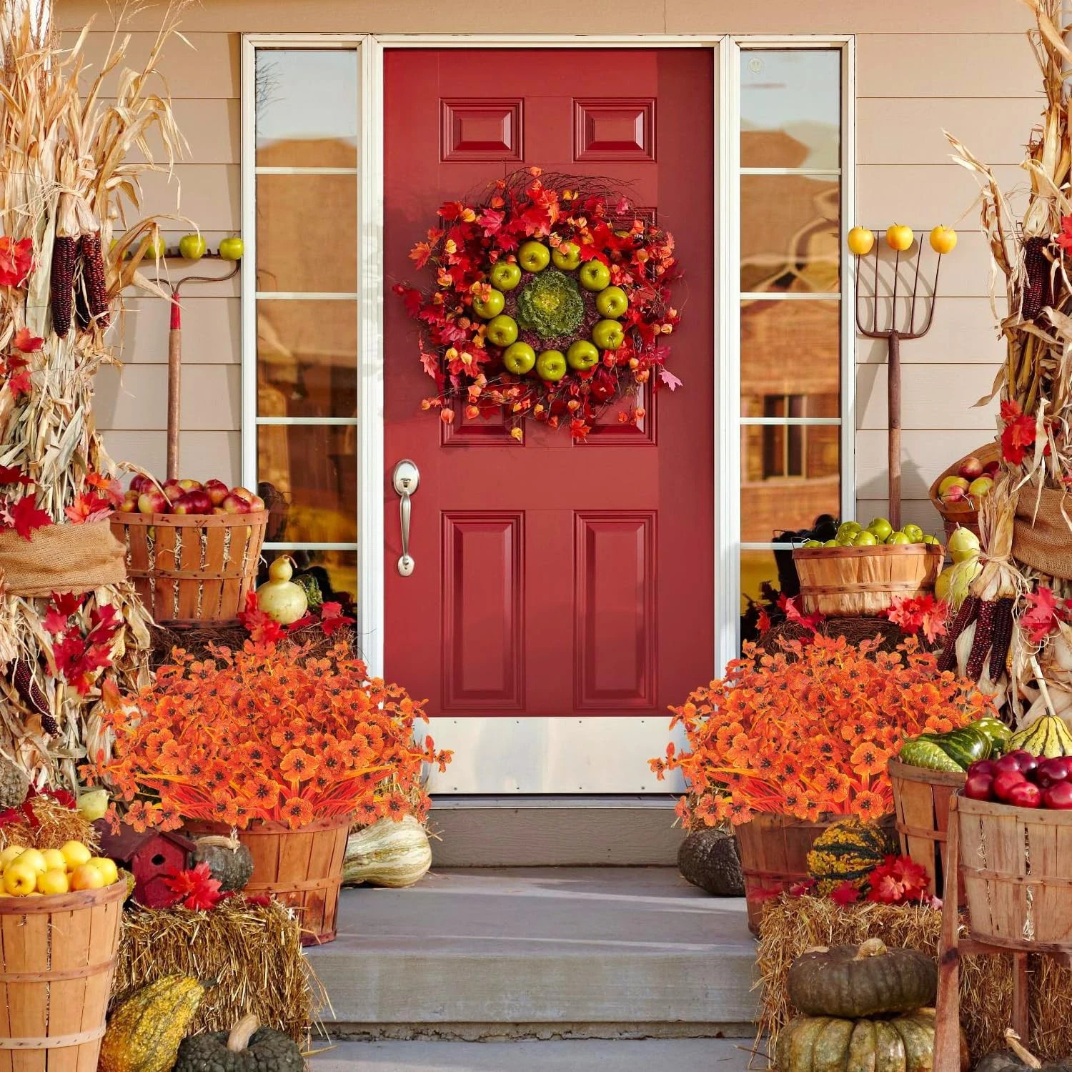 Fall Artificial Flowers 7-Stem 20 Flowerheads 13″ Weather Resistant Orange Decor