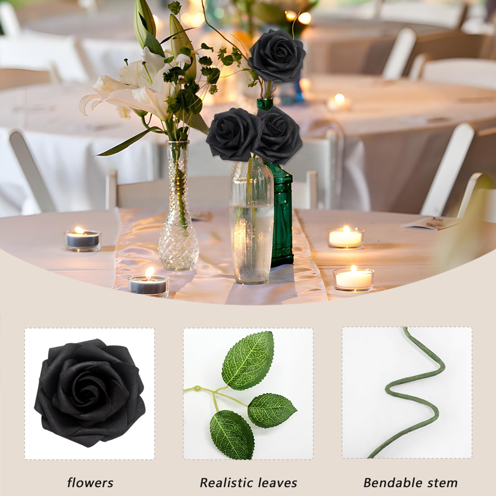 100 PCS Black Artificial Flowers Roses Foam Fake Leaves DIY Decor