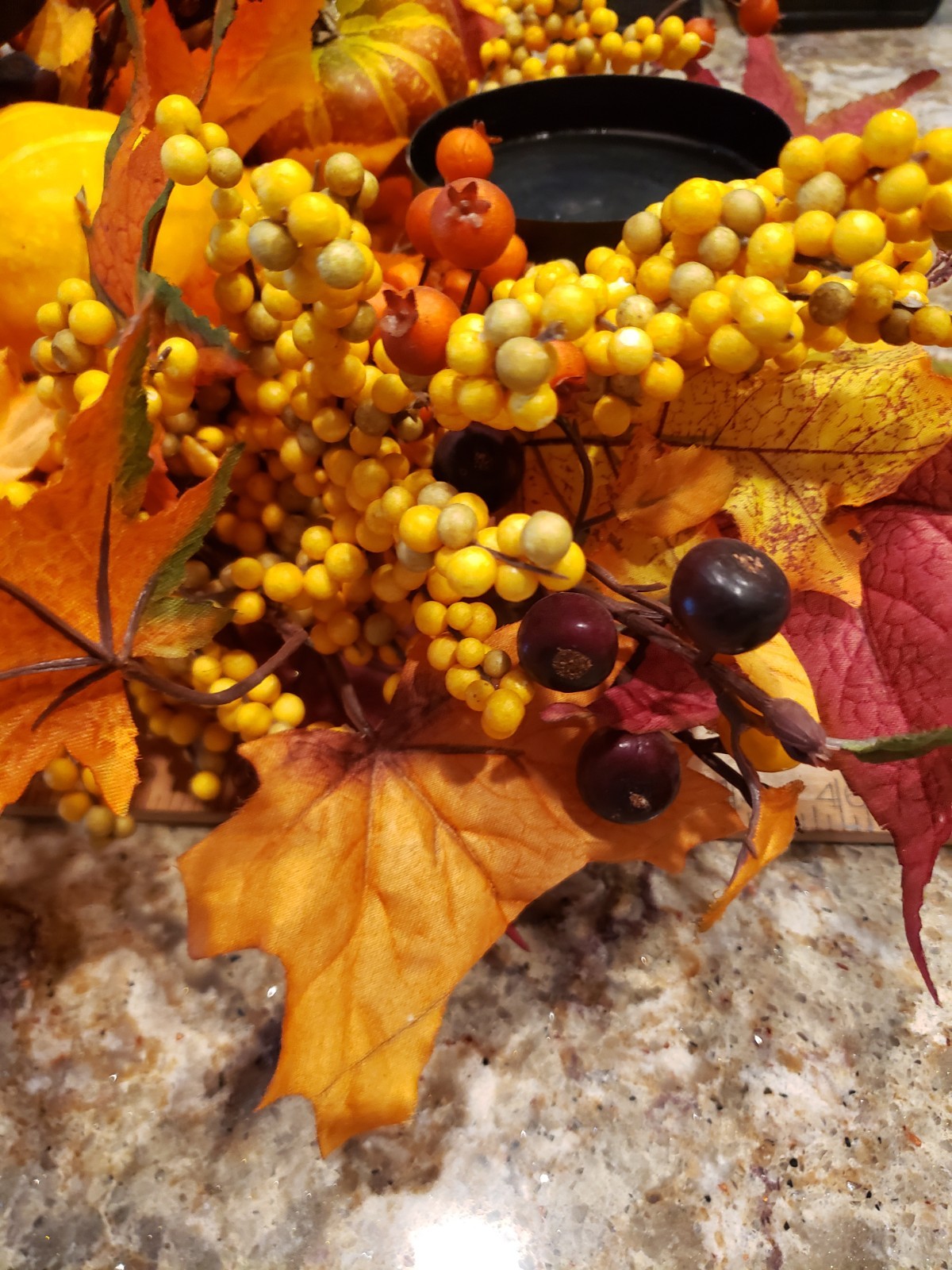 Thanksgiving/Fall Leaves Gourd Centerpiece 3 Candle Holder w/Berries 23”L X 6″H