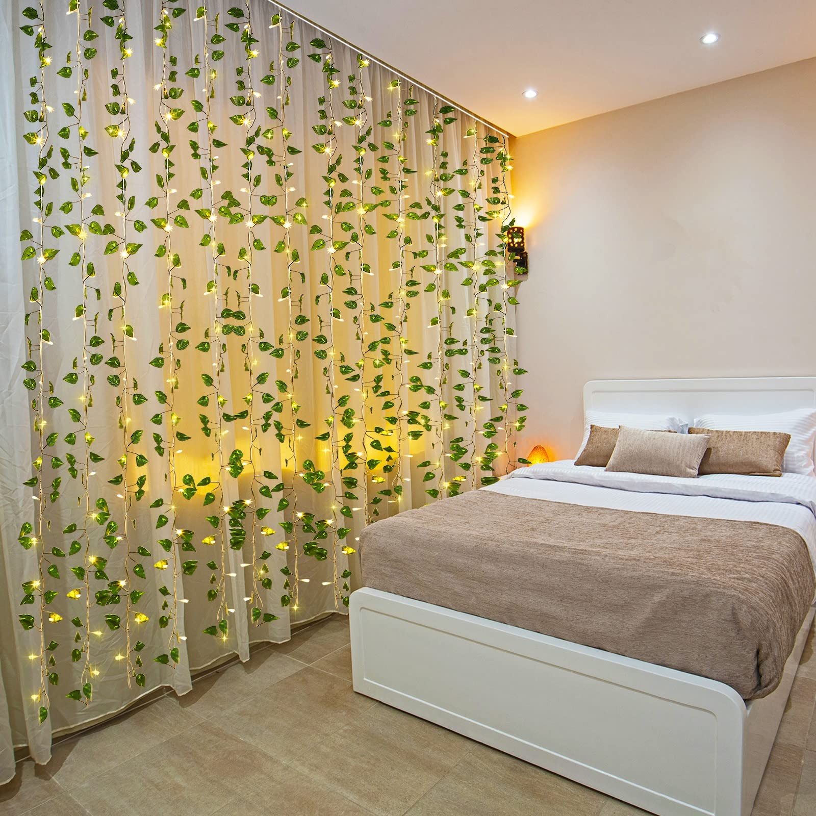 15 Pcs 6.6 ft 300 Fake Ivy Vines with Lights for Bedroom String Fairy Light C…