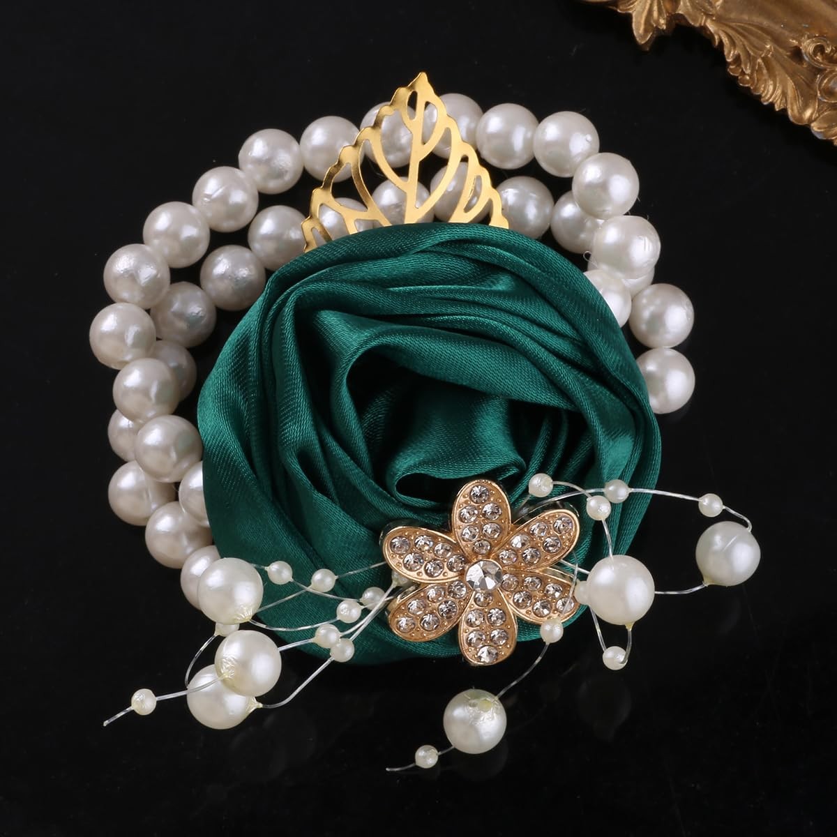 5 PCS Pearl Beaded Satin Wrist Corsage Artificial Flower Emerald Green
