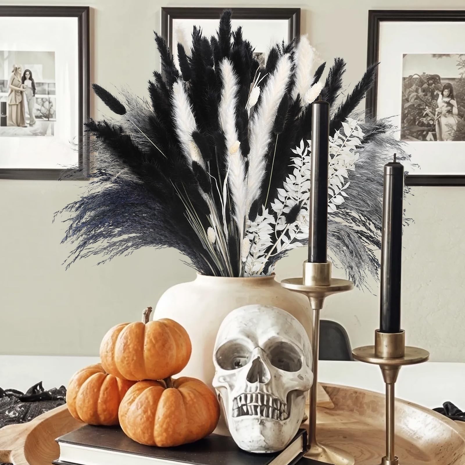102PCS Black Pampas Grass Decor, Grey White Natural Dried Pampas Grass Bulk, …