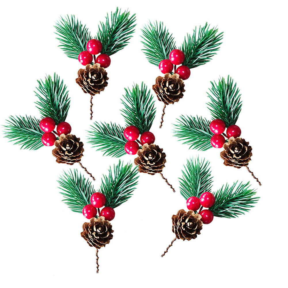 10pcs Red Christmas Berry Artificial Flower Pine Cone Branch Party Xmas Supplies
