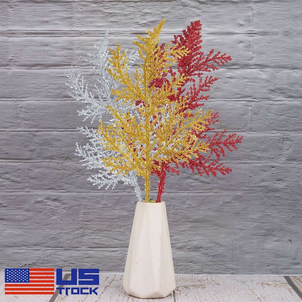 10x Pine Needles Fake Floral Christmas Glitter Fern Leaf Branch Decor Artificial