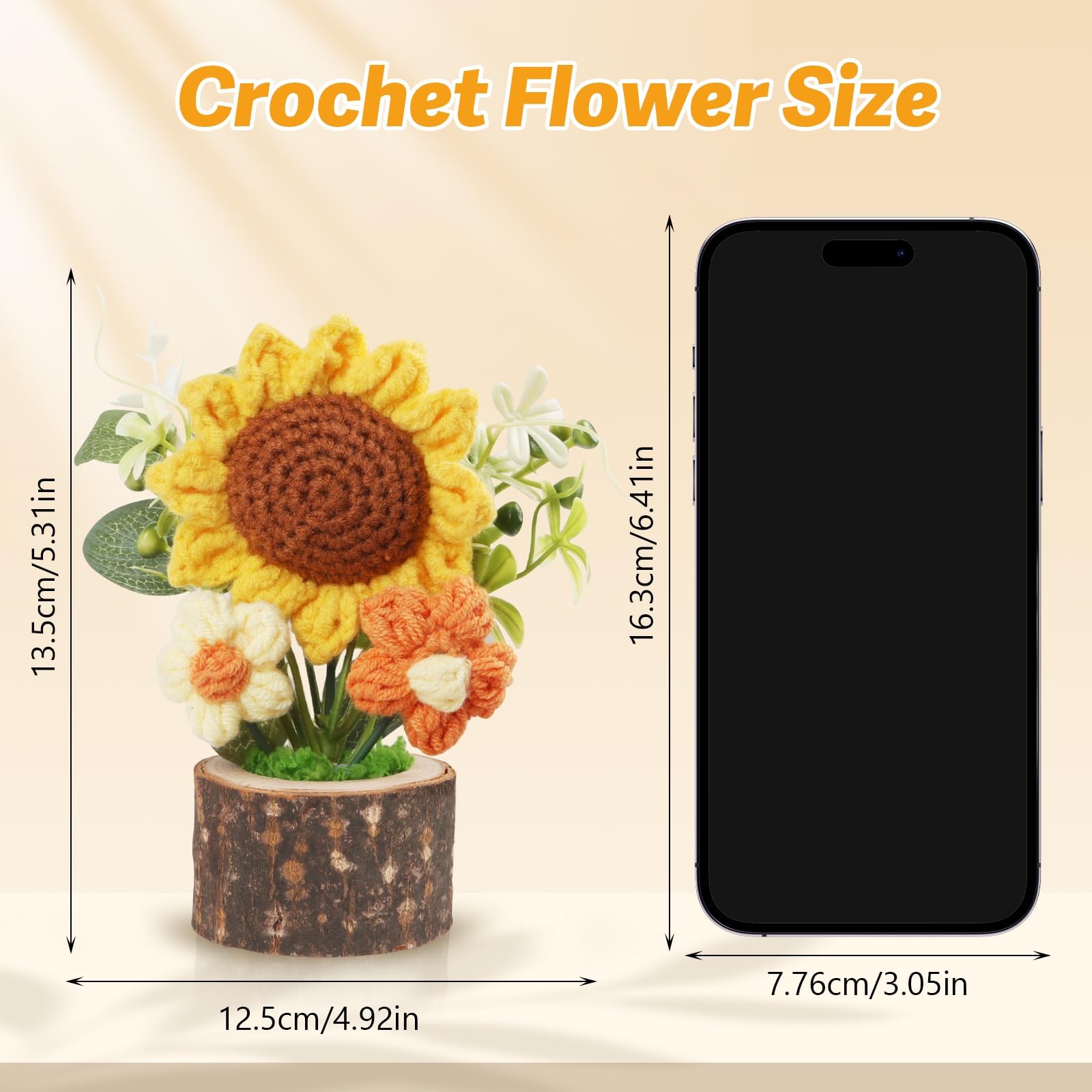 Handmade Knitted Sunflowers, Cute Crochet Flowers Bouquet with Wooden Pot