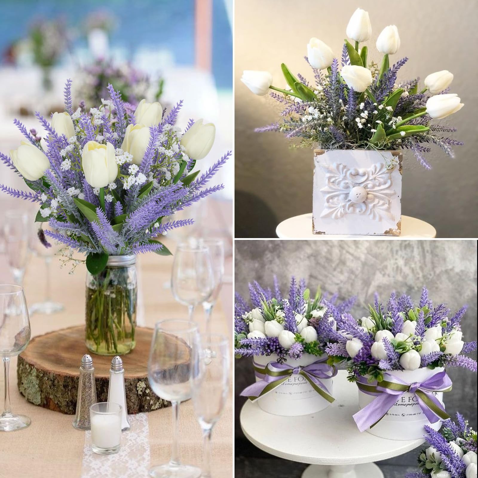 9PCS Artificial Flowers Purple Fake Plastic Lavender with White Tulips Floral…