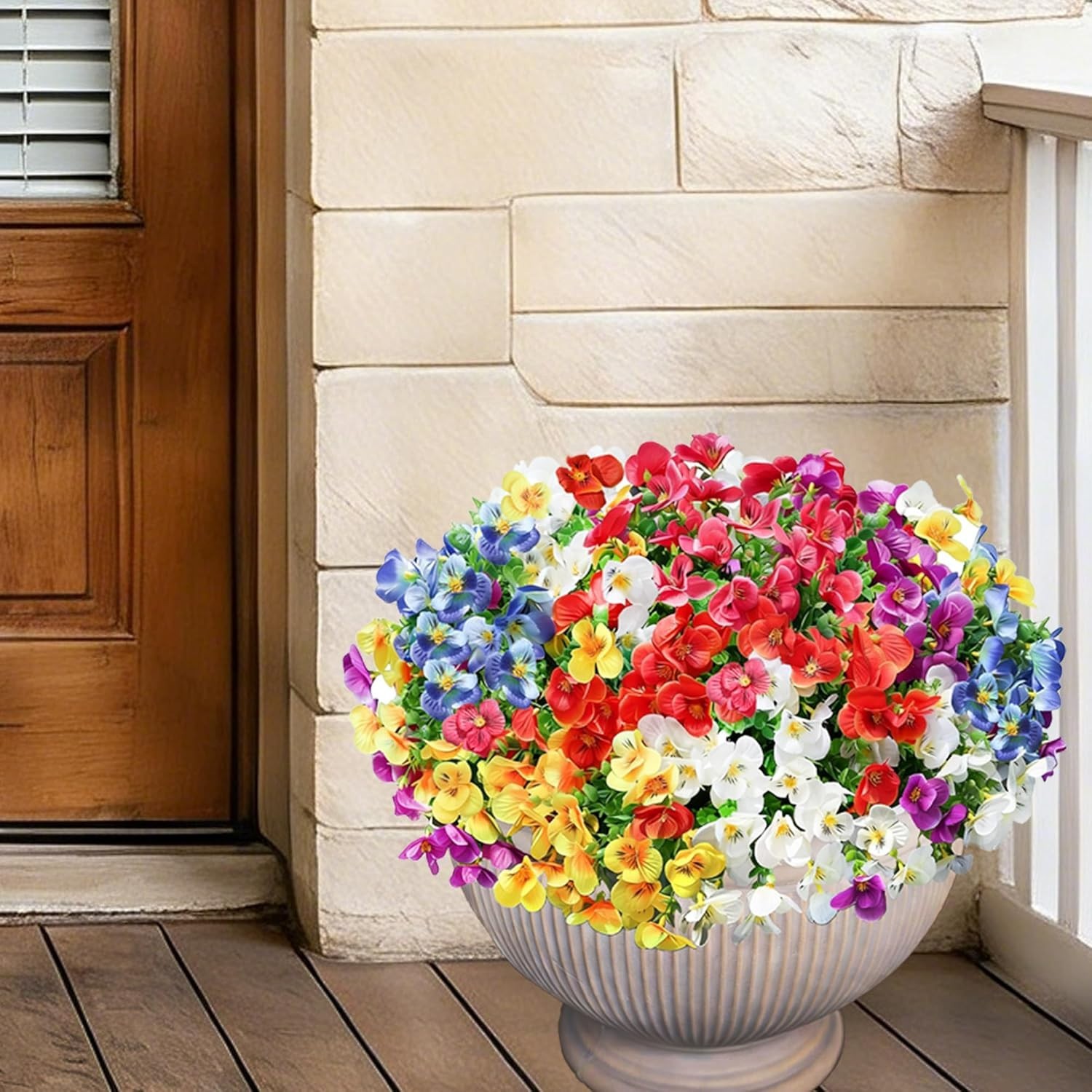 Artificial Pansy Flowers with Eucalyptus—Perfect for Gardens & Porches, 12 Count