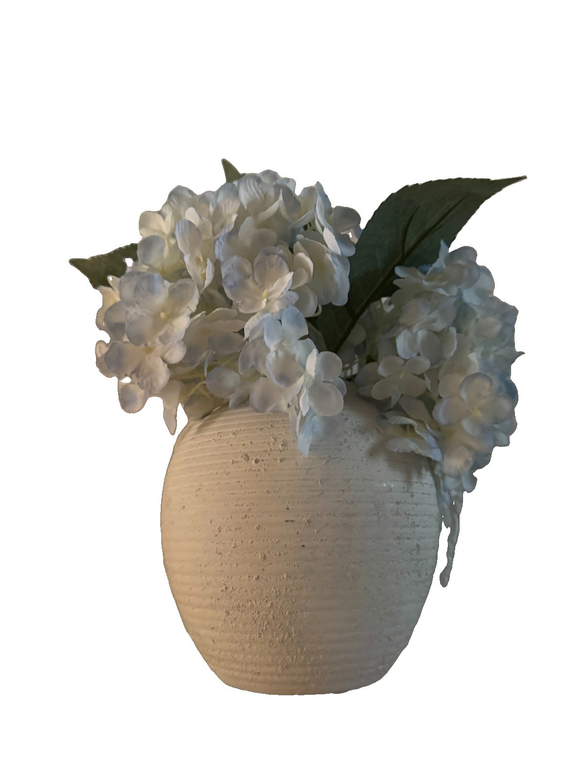 Artificial Light Blue Hydrangea Flowers w/Textured White Vase 3.5” Vase Bottom