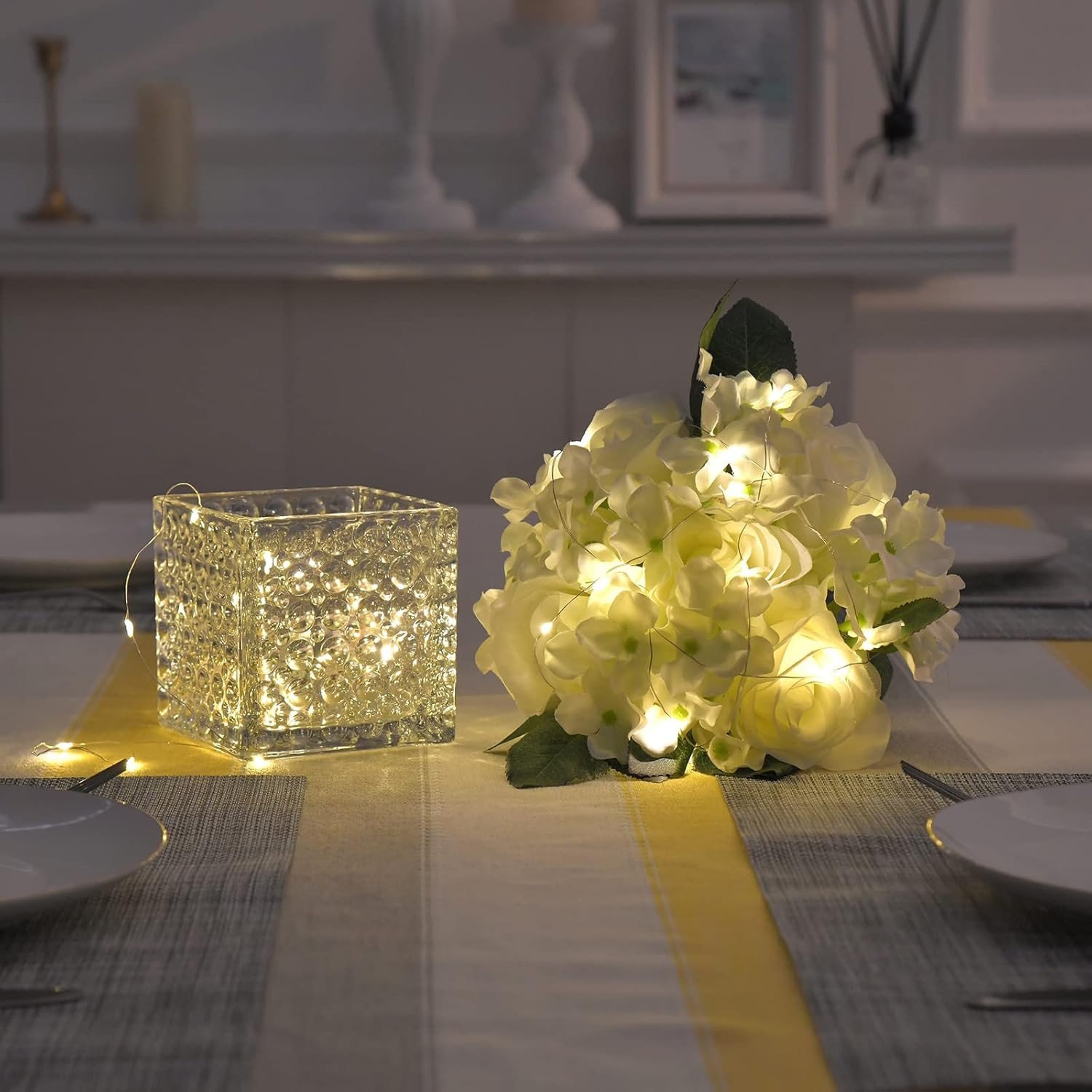 Artificial Silk Rose Flower Centerpiece Arrangement in Glass Vase with LED Light