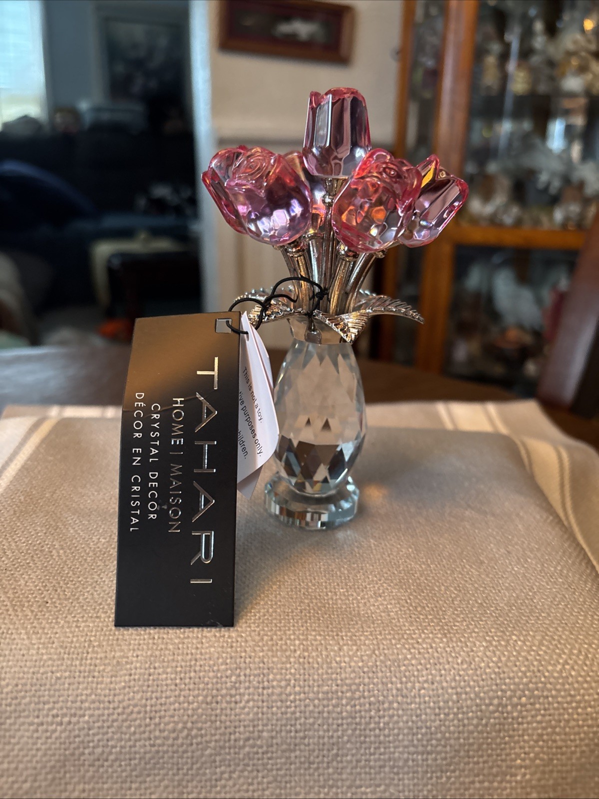 Keepsake Pink 7 Roses Glass Bouquet/Crystal Vase Slv Plated Stems New! See Pics