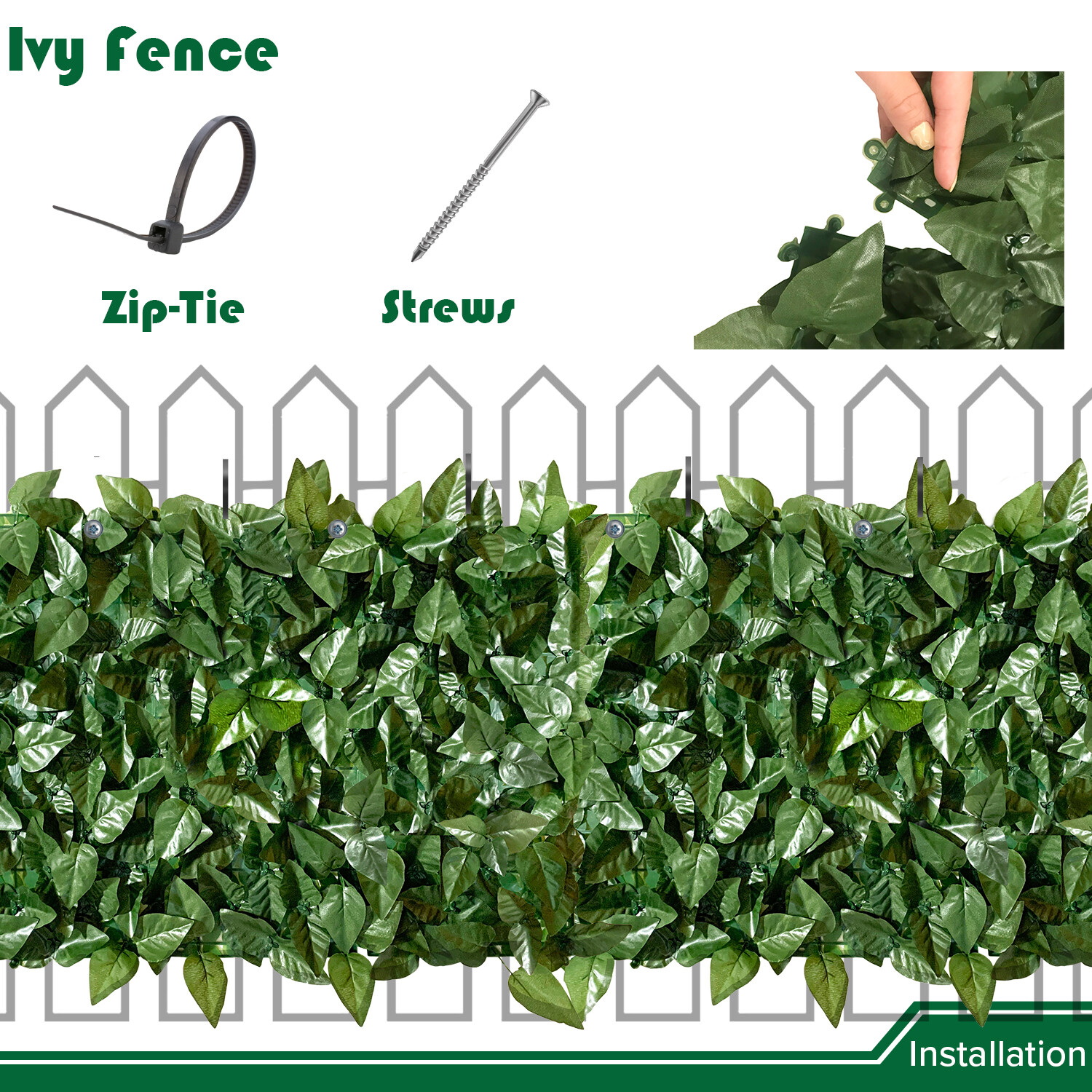 58×117″ Artificial Faux Laurel Ivy Leaf Outdoor Privacy Hedge w/ Plastic Backing