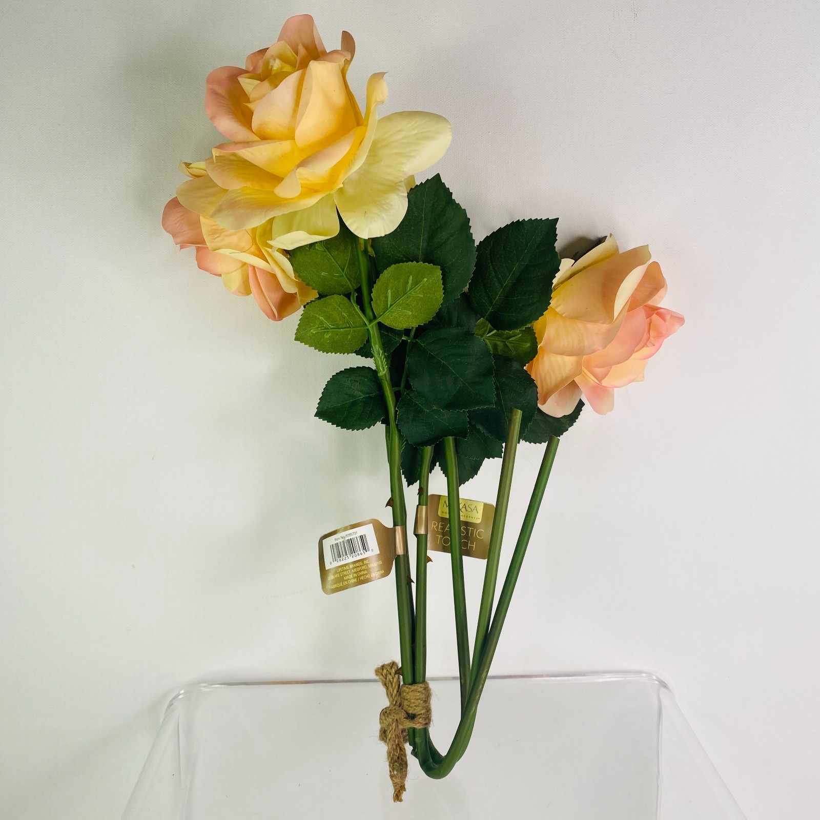 LOT 2 Mikasa Golden Yellow Pink Rose Artificial 24″ Realistic Copper Posable