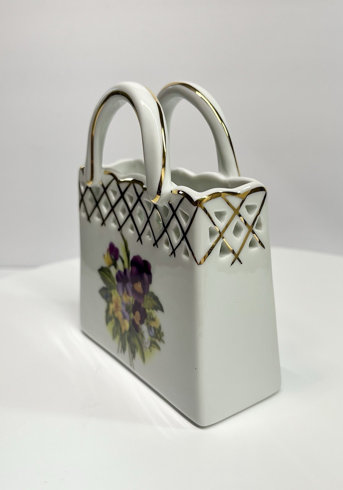 MCM Vintage Porcelain Purse Vase Pansies Old World Collection Figurine Flowers
