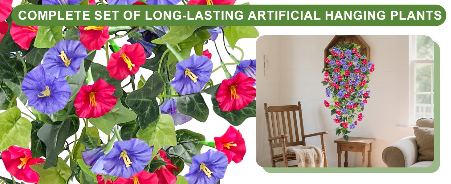 Artificial Fake Hanging Flowers Plants, Faux Silk Morning Glory with Ivy Vines,
