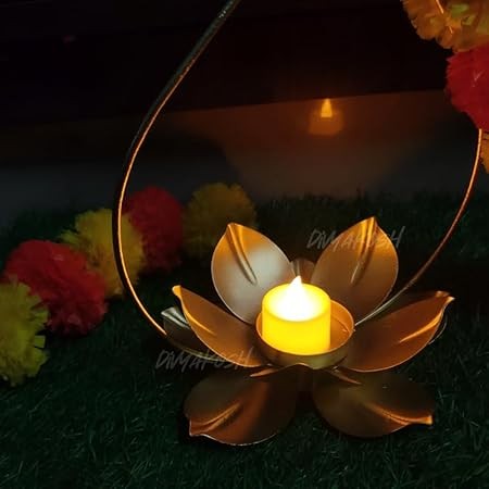 Hanging Brass Diya Set of 2 | 5FT Lotus Genda Tealight Holder Diwali Decor