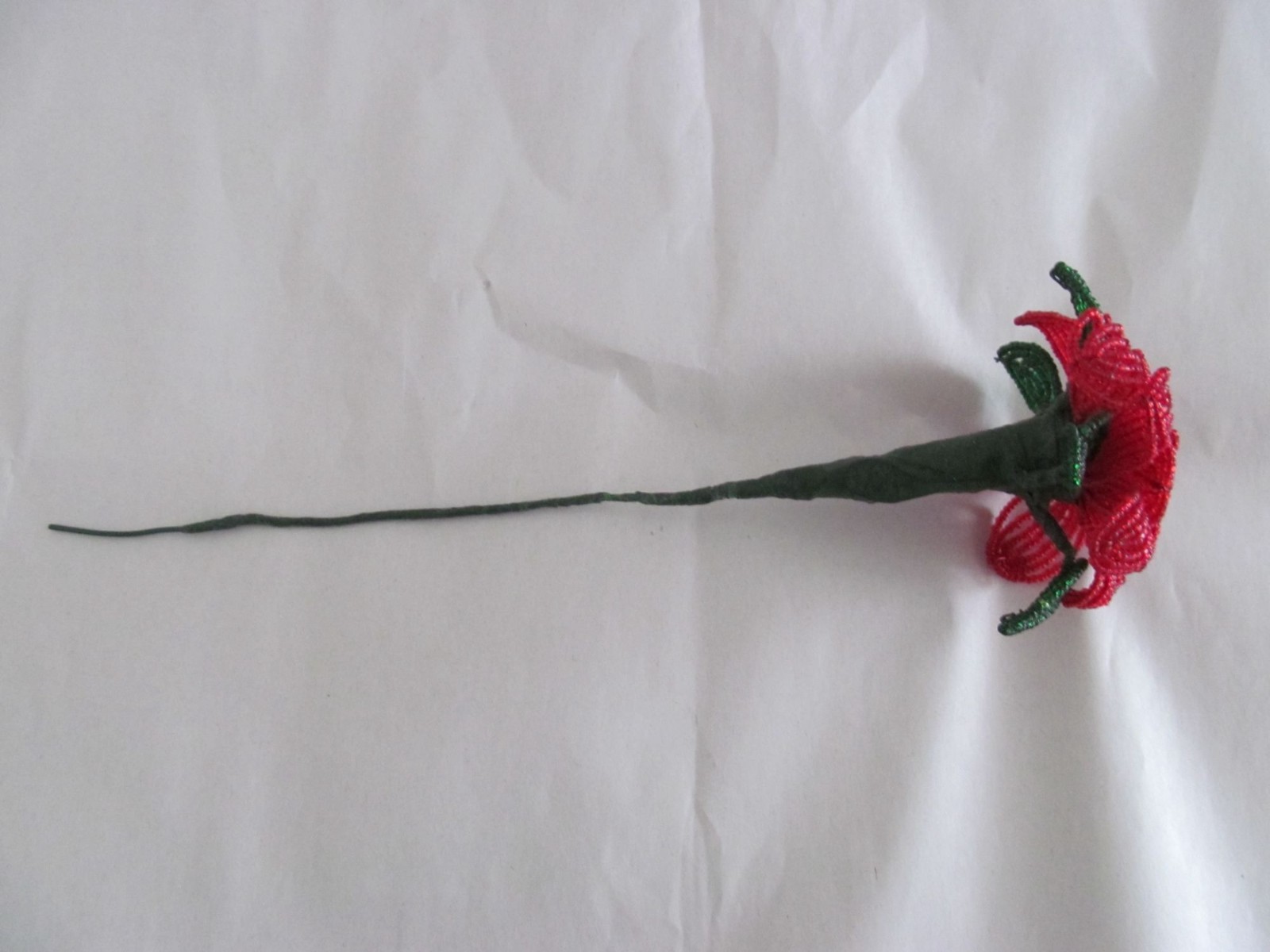 Handcrafted Red & Green French Beaded Flower with Stem Home Decor Gift 11 inch