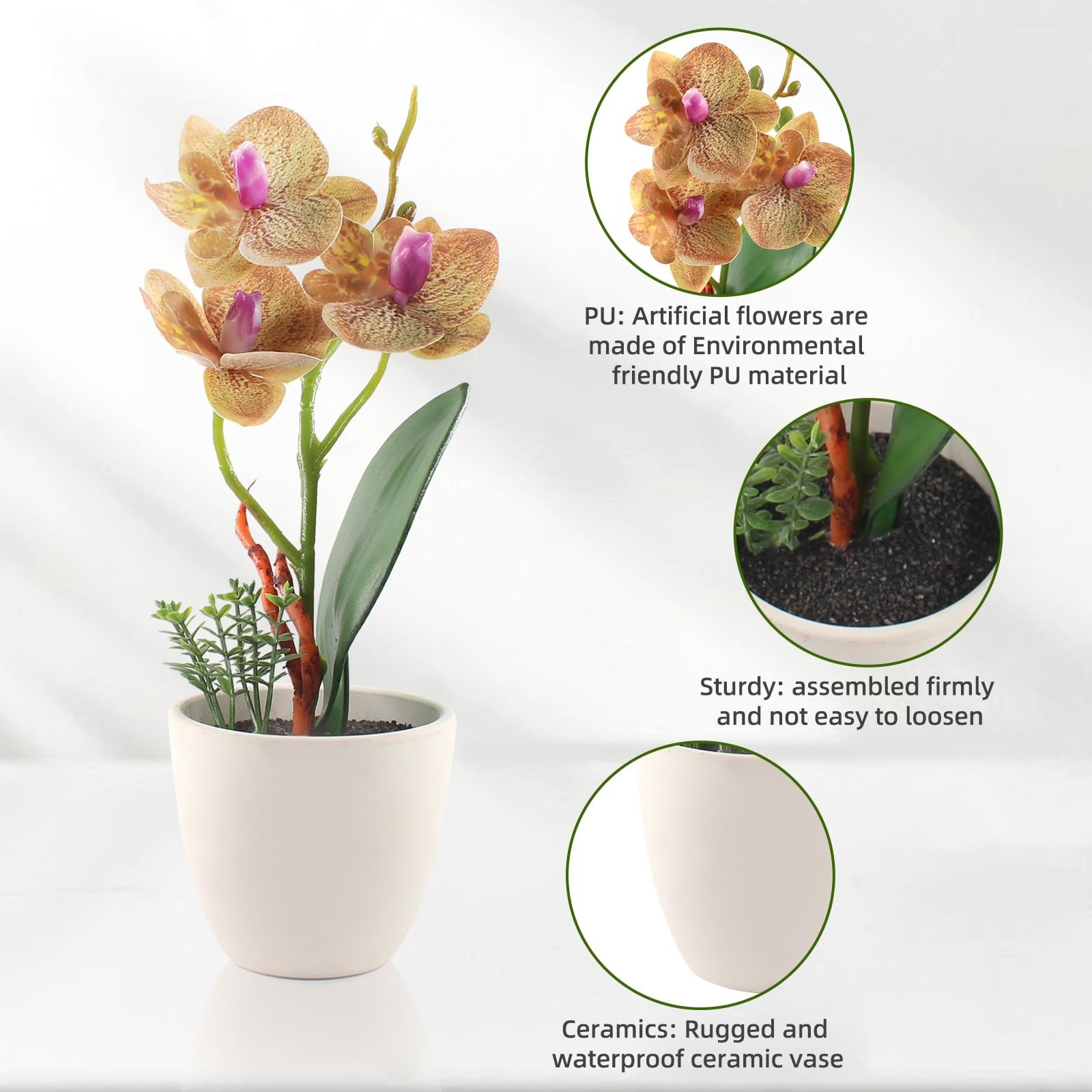2Pcs Artificial Orchid Fake Flowers Faux Phalaenopsis Ceramic Vase Small Pott…