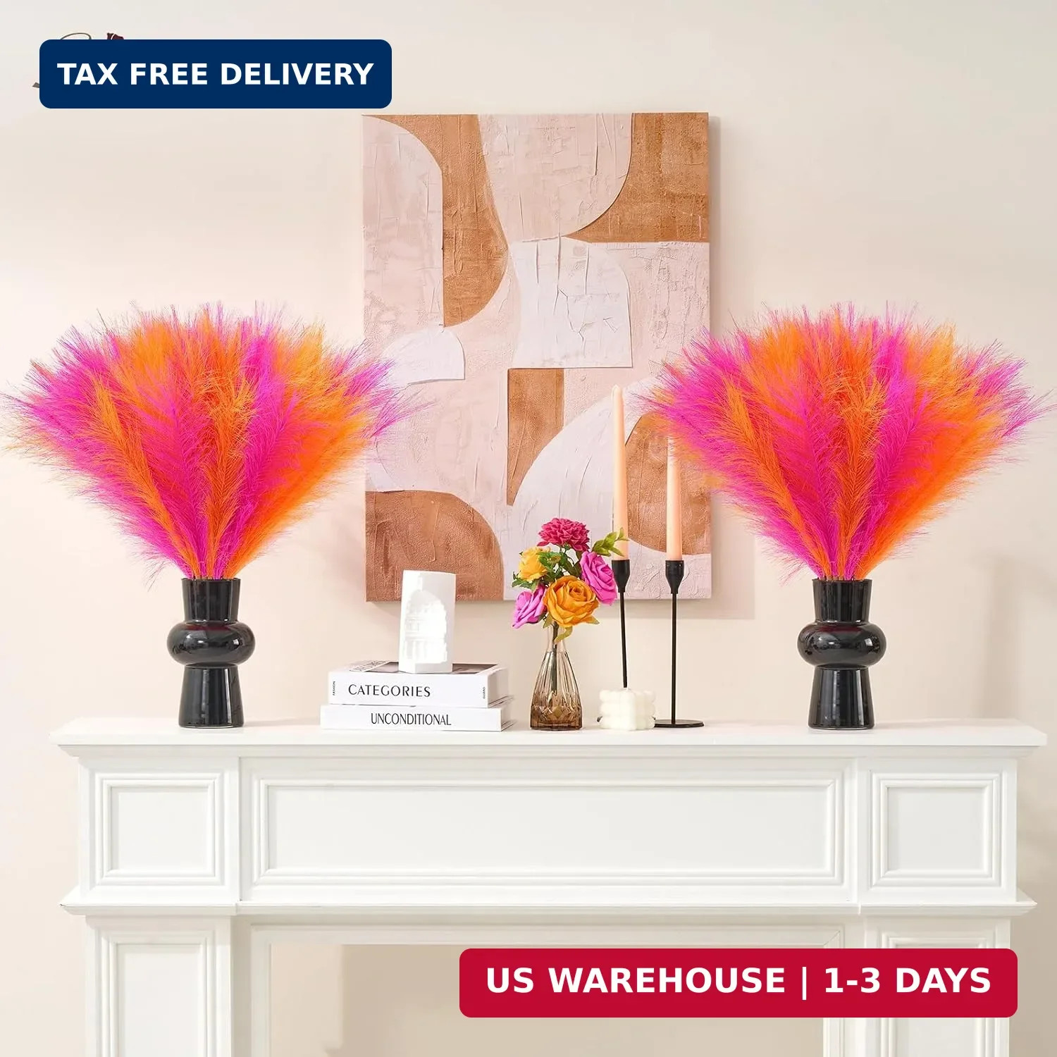 Serwalin 6PCS Pampas Grass Decor, 17.7Inch Bright Orange Hot Pink Artificial Pam