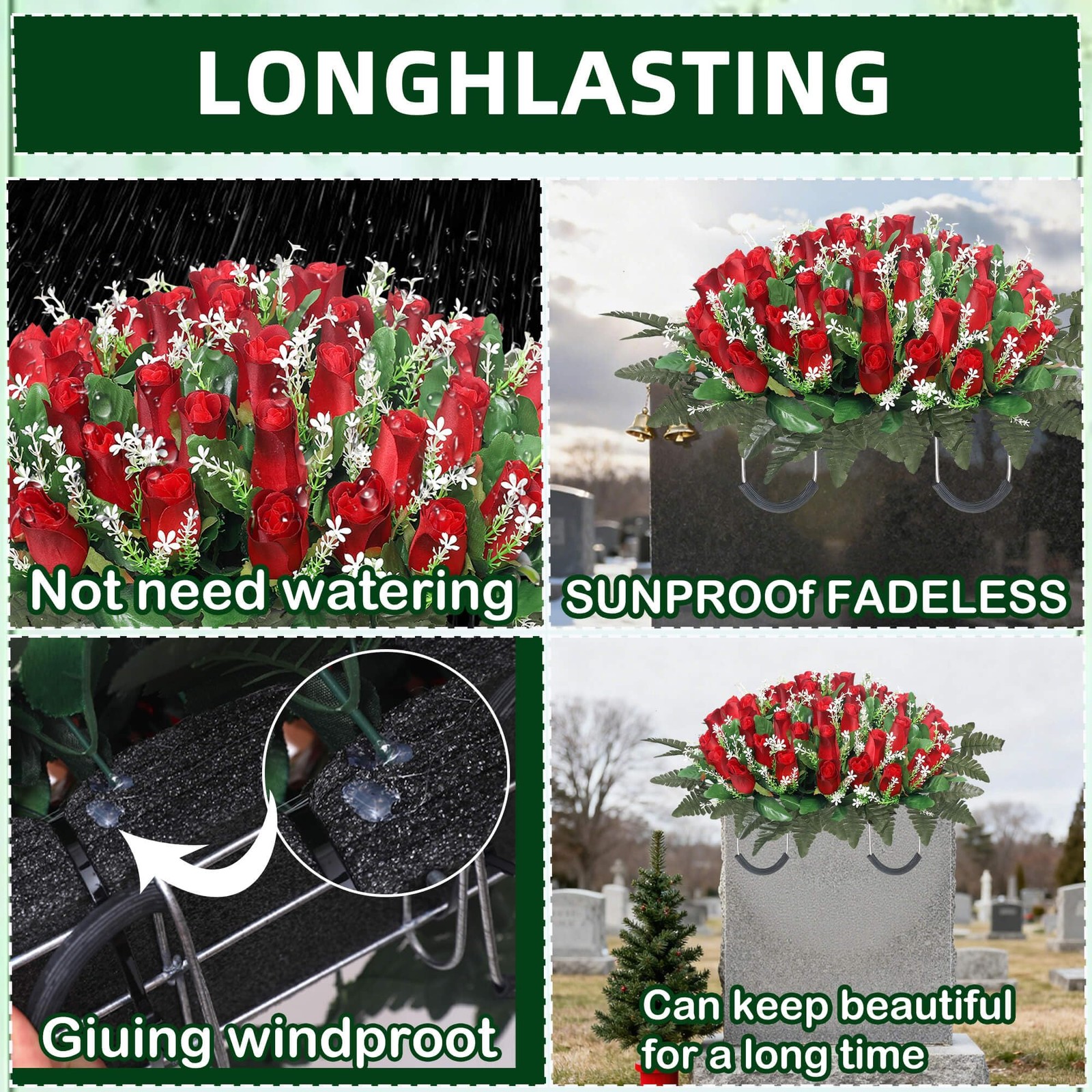 Cemetery Flowers for Grave,Headstone Flower Saddle with 2 Sets Grave Rose Flo…