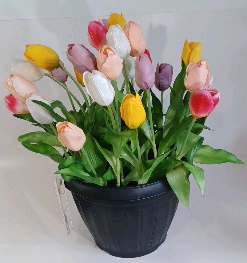 House & Garden Large Potted Faux Tulips, Just Drop In Your Favorite Planter,…