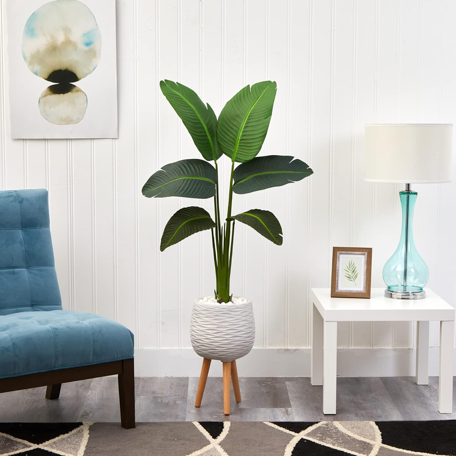 5Ft. Real Touch Travelers Palm in White Planter with Stand –