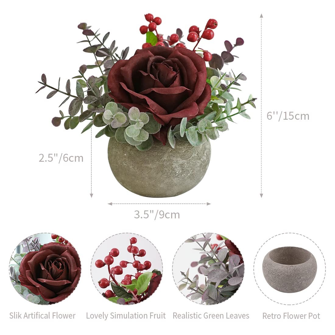 6″ Small Artificial Burgundy Rose Potted Plant In 3.5″ Round Pot Faux Desk