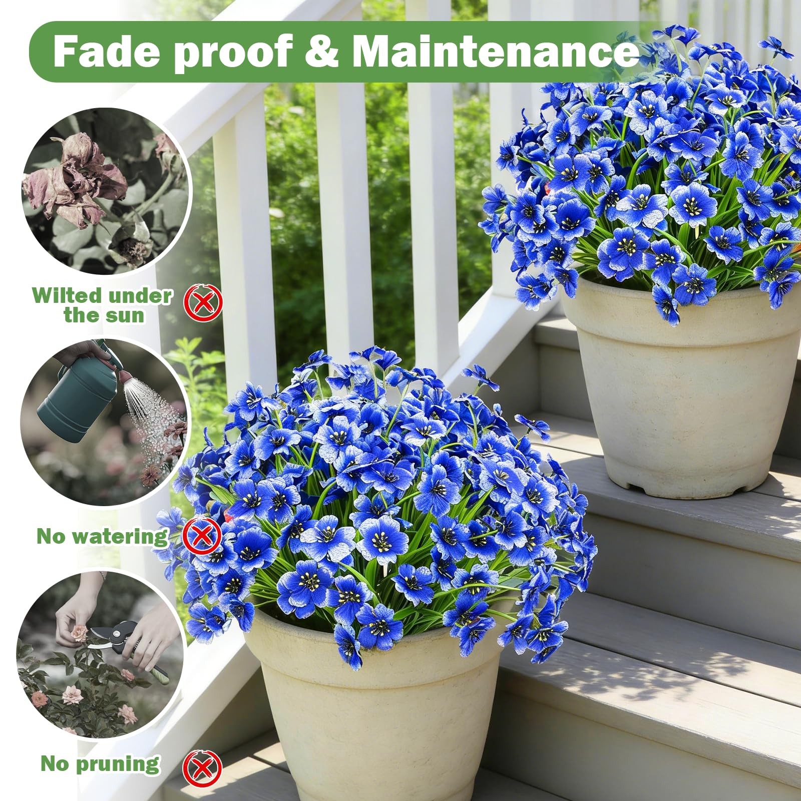 Artificial Flowers Outdoor Blue – 24 Bundles, 5 Branches 18 Heads, 11-14.6″