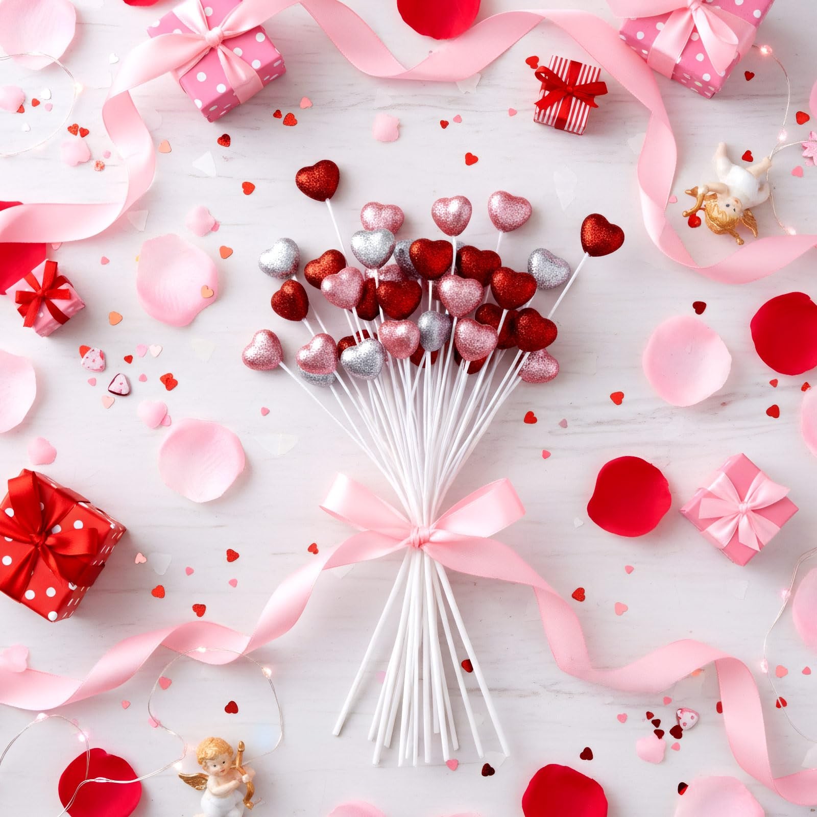 8 Pcs Valentine’s Day Heart Picks 16.5 Inch Glitter Foam Hearts Picks Red Pin…