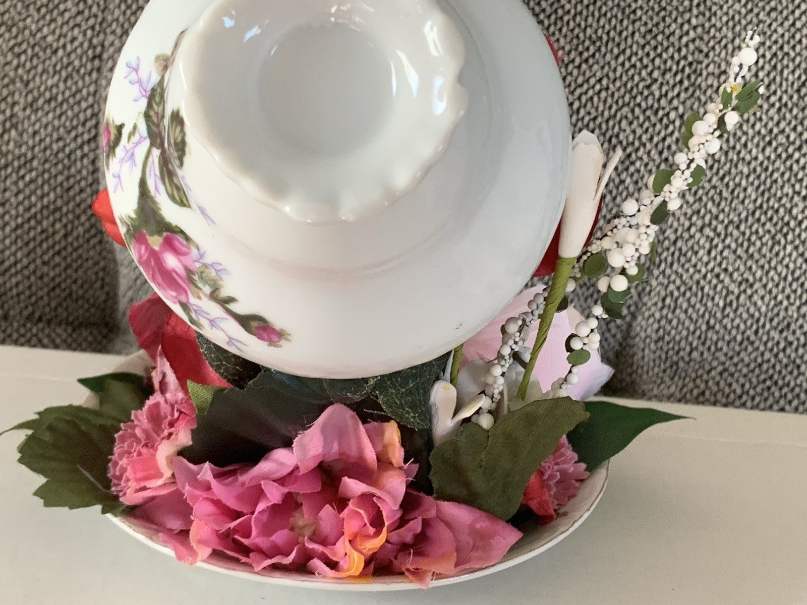 Mystical FLOATING PORCELAIN TEACUP/ARTIST MADE OOAK/Red & Pink FLORAL CASCADES/