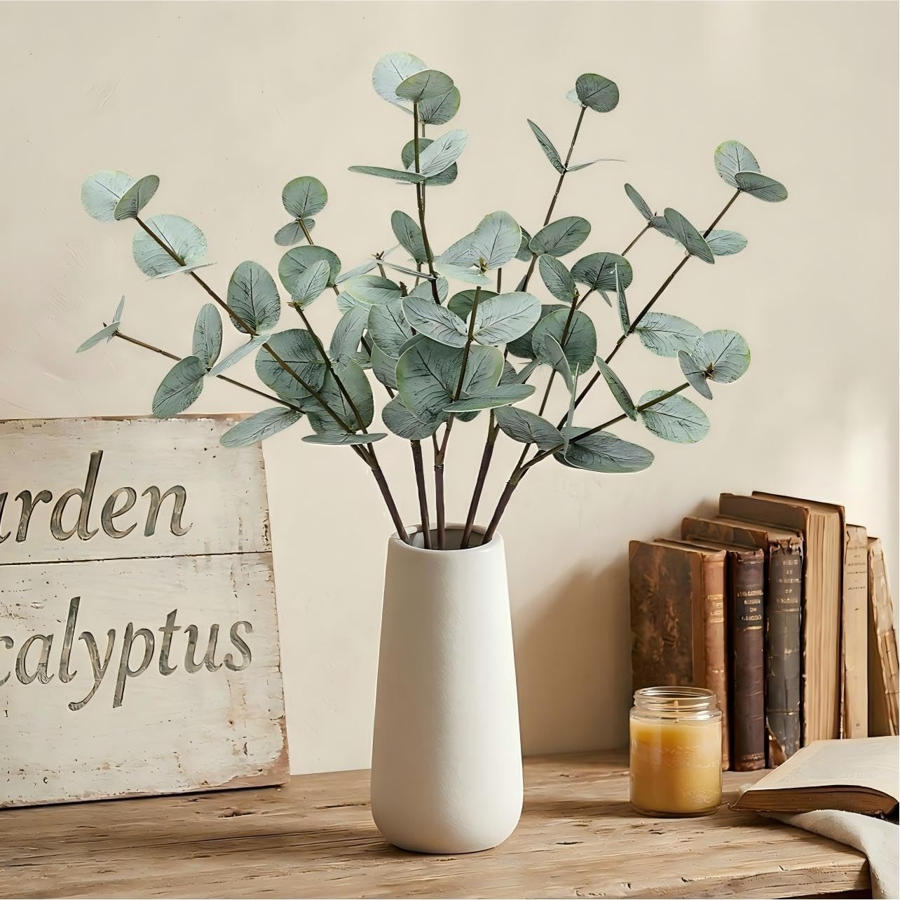 Eucalyptus Stems in Vase, 19 Inch Artificial Eucalyptus with Ceramic Vase Fak…
