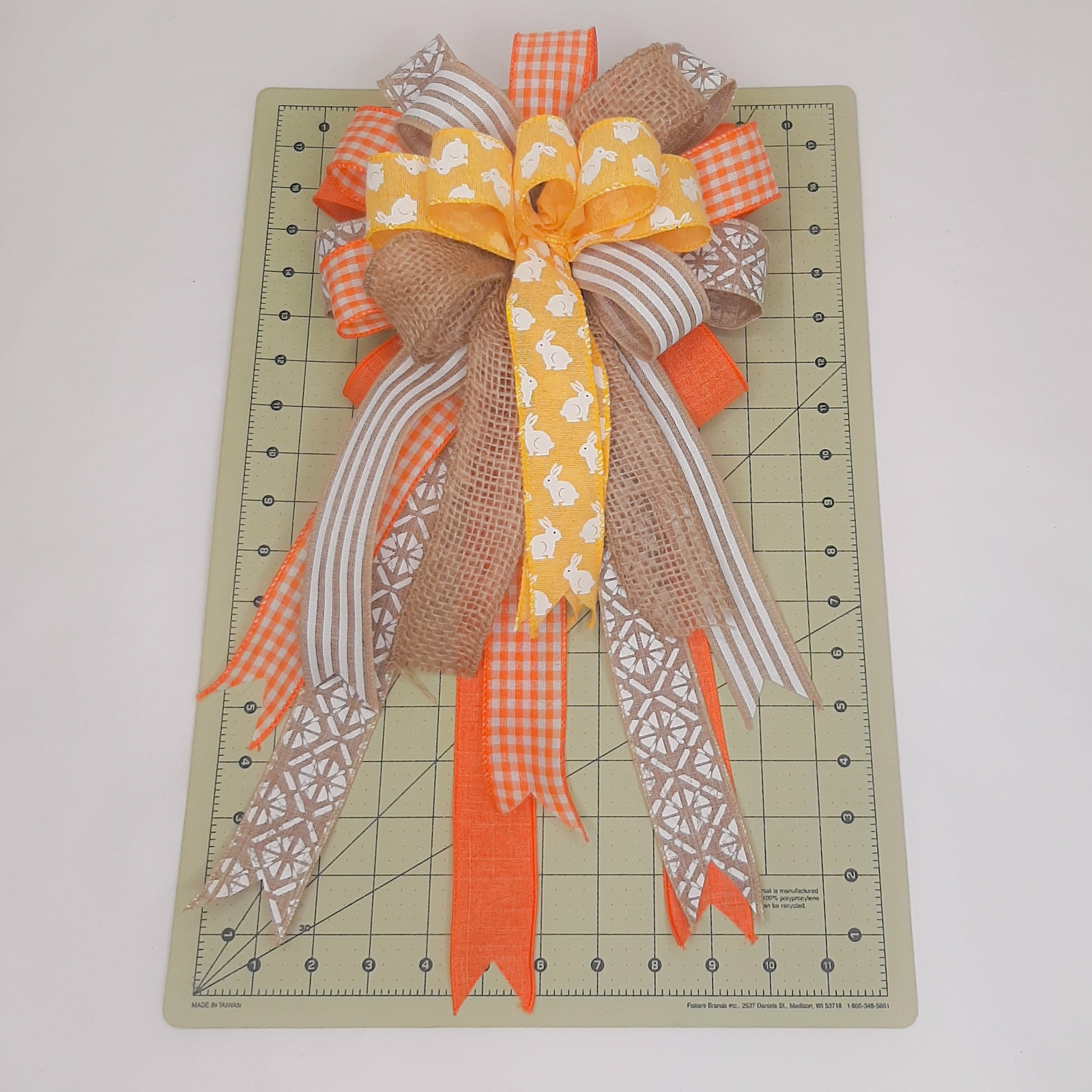 Spring Bow, Easter Wreath Bow, Yellow Bunny Print, Burlap, Linen, Orange Gingham