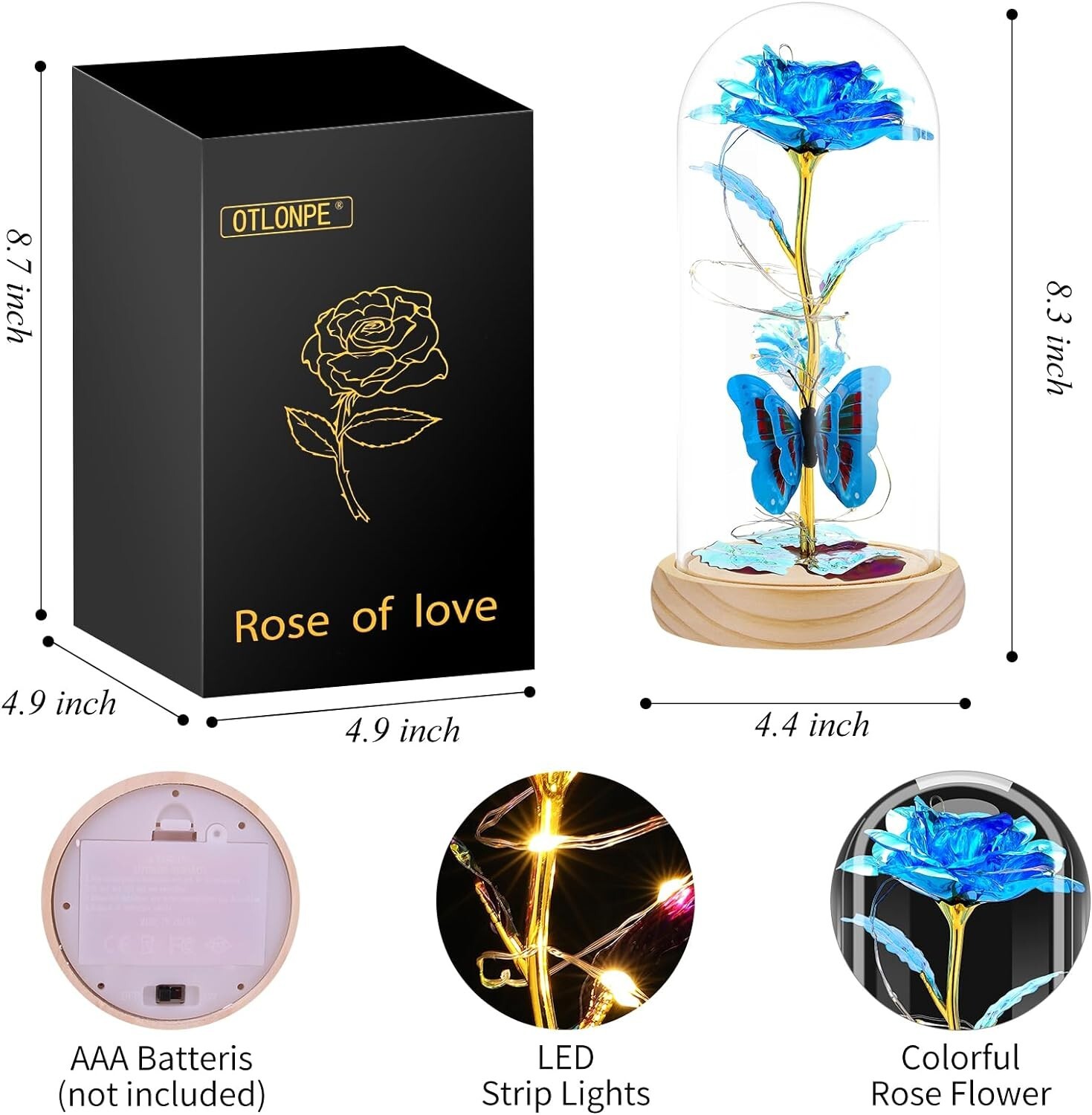 New Blue Butterfly Plastic Rose Led Glass Artificial Flower Dome Decor For Women