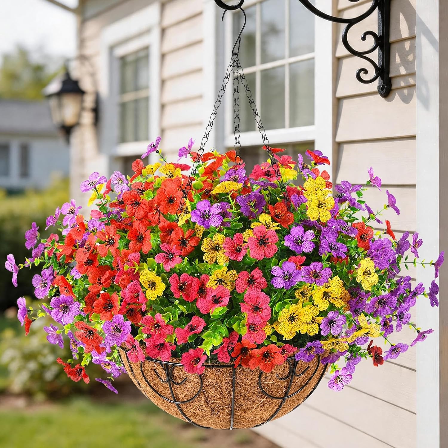 Artificial Fake Hanging Baskets Fall Flowers Outdoors Decoration Faux Silk Mums
