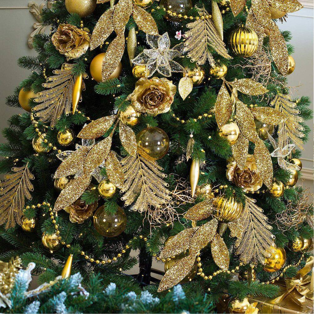 12 In. Gold Glitter Artificial Leaf Spray Foliage Picks for Christmas Wedding Wr