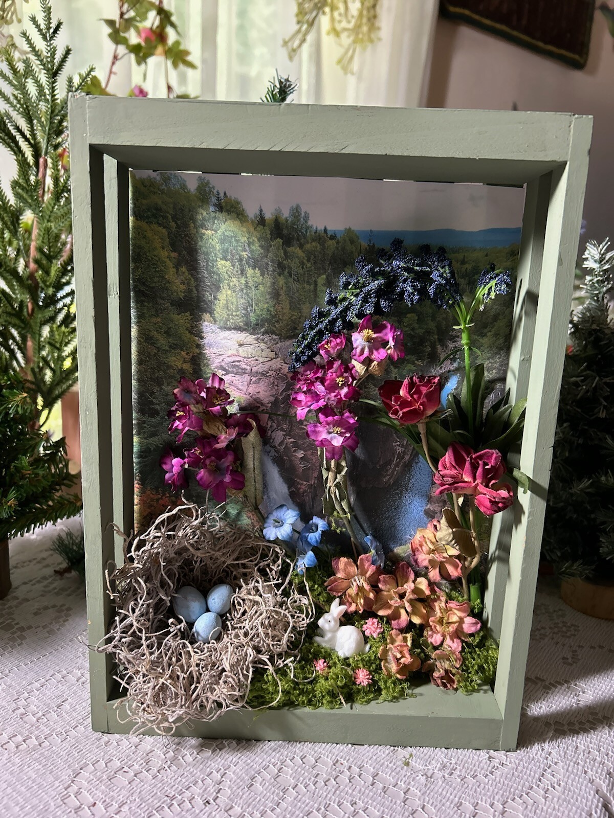 Handmade Nature Diorama Waterfall Birds Nest Dried Flowers