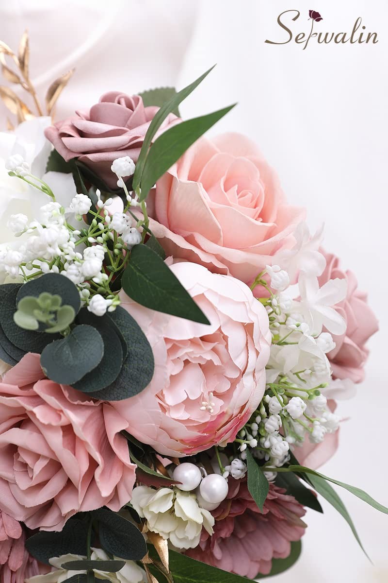 9.8 Inch Wedding Bouquets for Bride Bridesmaid, Dusty Pink Peonies Bridal Bou…