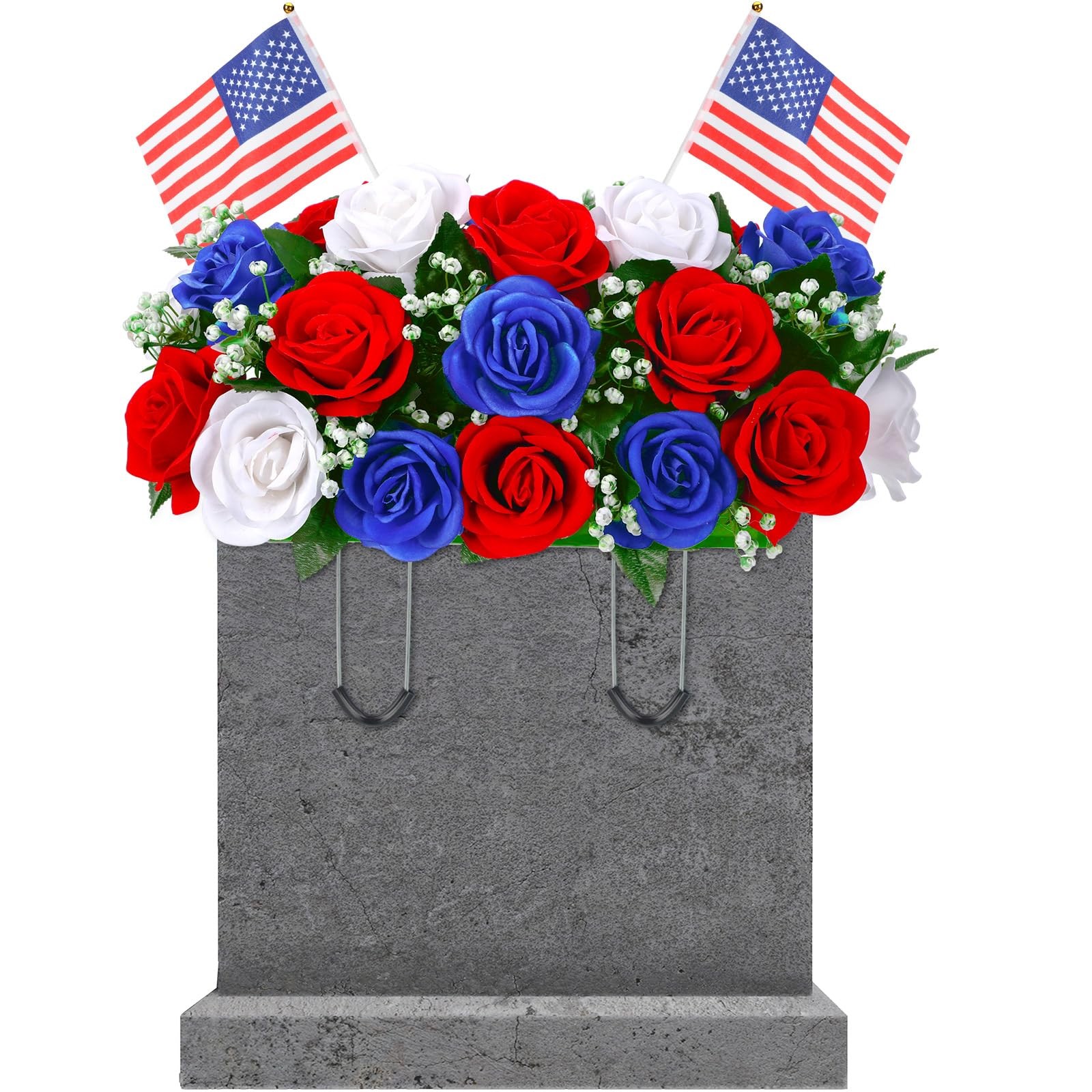 Patriotic Headstone Flower Saddle with Americans, 4th of July Red White Flag