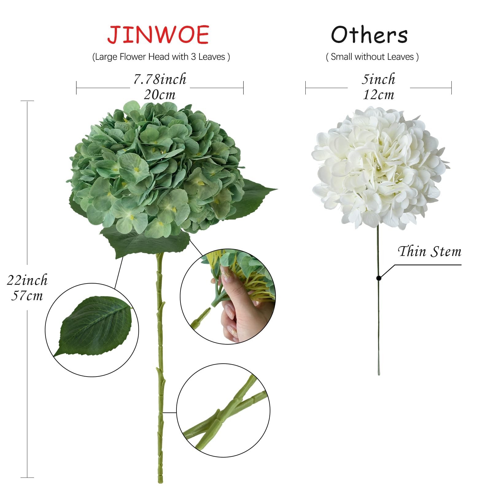 JINWOE Dark Forest Green Silk Hydrangea Artificial Flowers, 4Pcs 22Inch Full