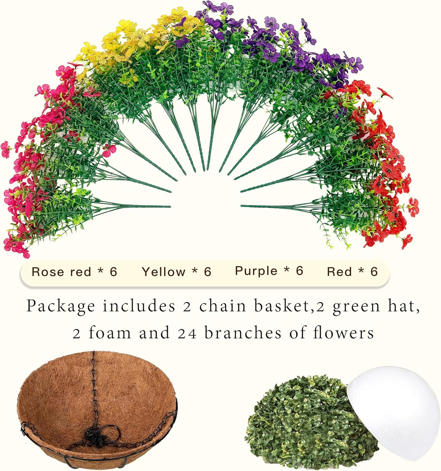 UV Resistant 2 Set Faux Hanging Flowers with Basket for Outdoor Decor