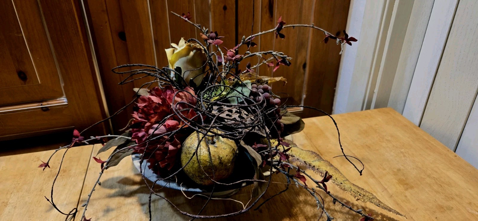 Arrangement of Dried Fruits & Flowers Centerpiece Metal Compote 14WX14WX13″Tall