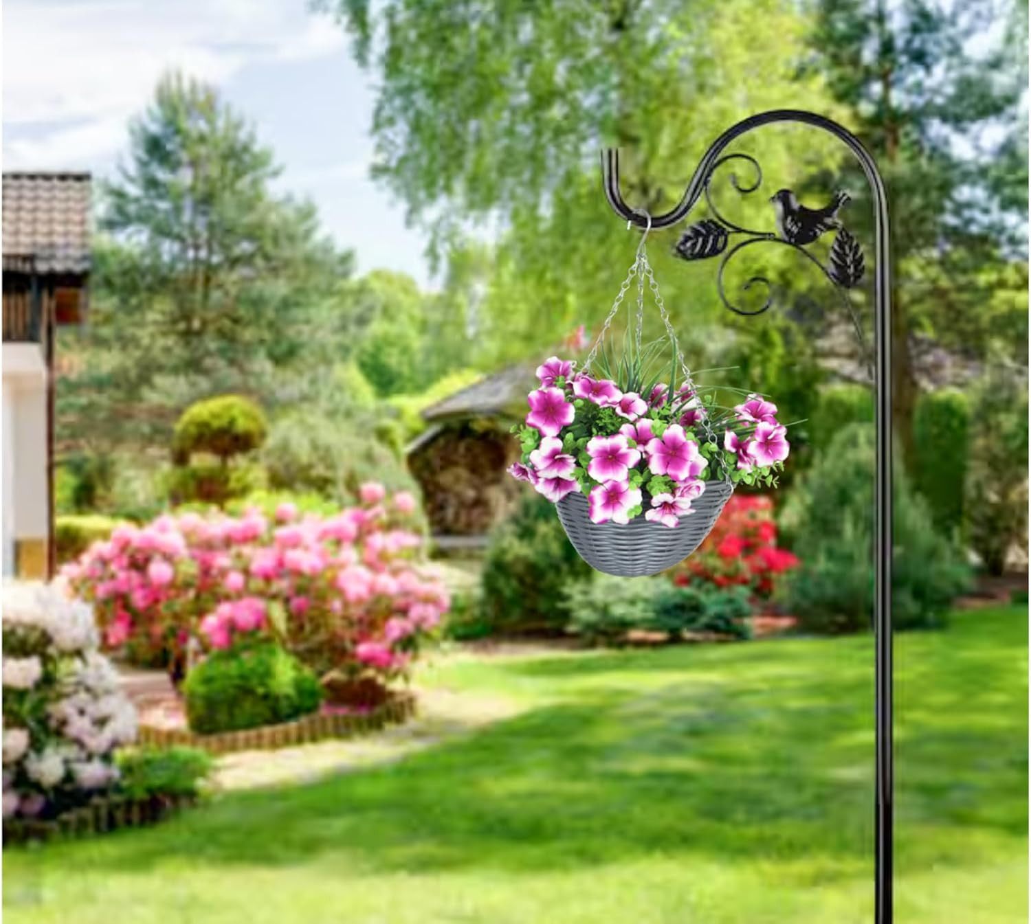 Pink Artificial Petunia Hanging Plant with Eucalyptus for Outdoor Decor