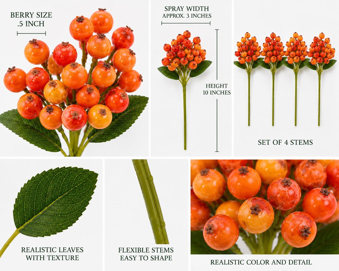 Artificial Orange Berry Stems Set of 4 Faux Fall Berry Picks Autumn Berry Branch