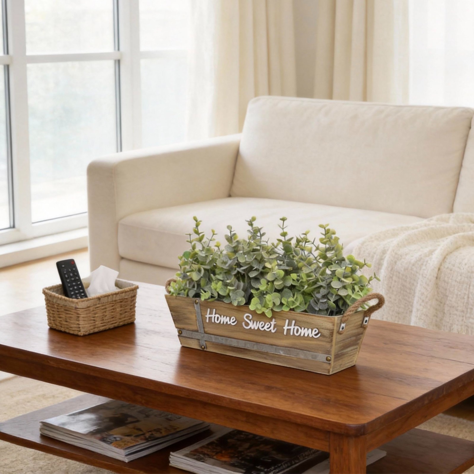 Faux Eucalyptus Table Centerpiece in Wooden Box, Rustic Home Décor, Jute Handles
