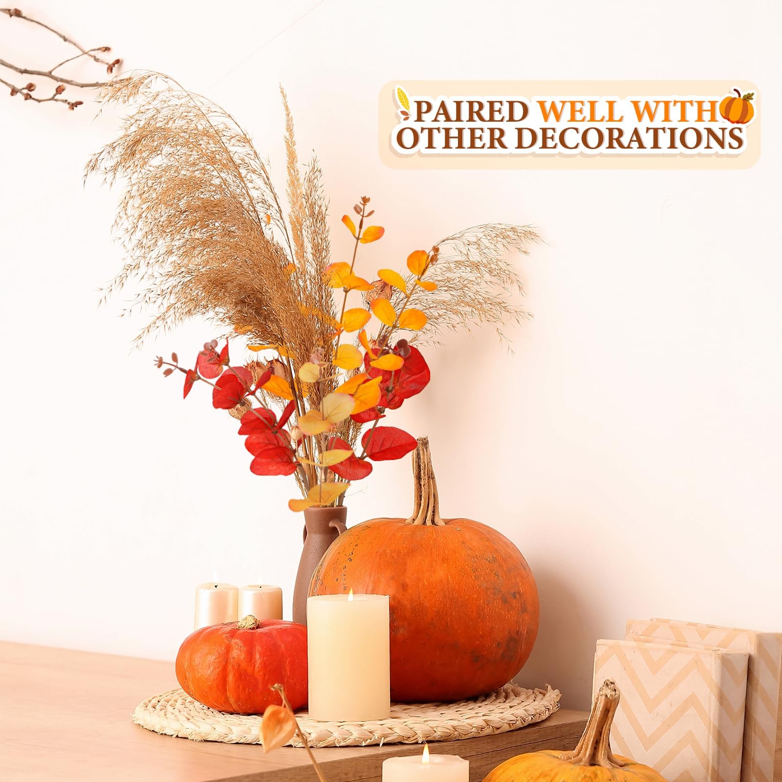 Artificial Eucalyptus Stems, 12.7 Inch Realistic Fall Foliage Faux Stems Bran…